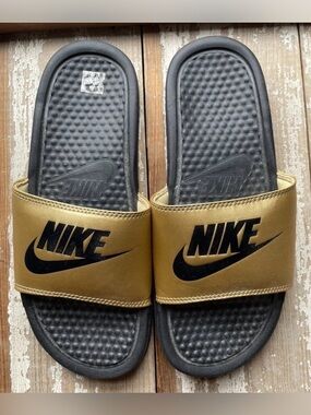 Nike Gold and Black Slide Sandals